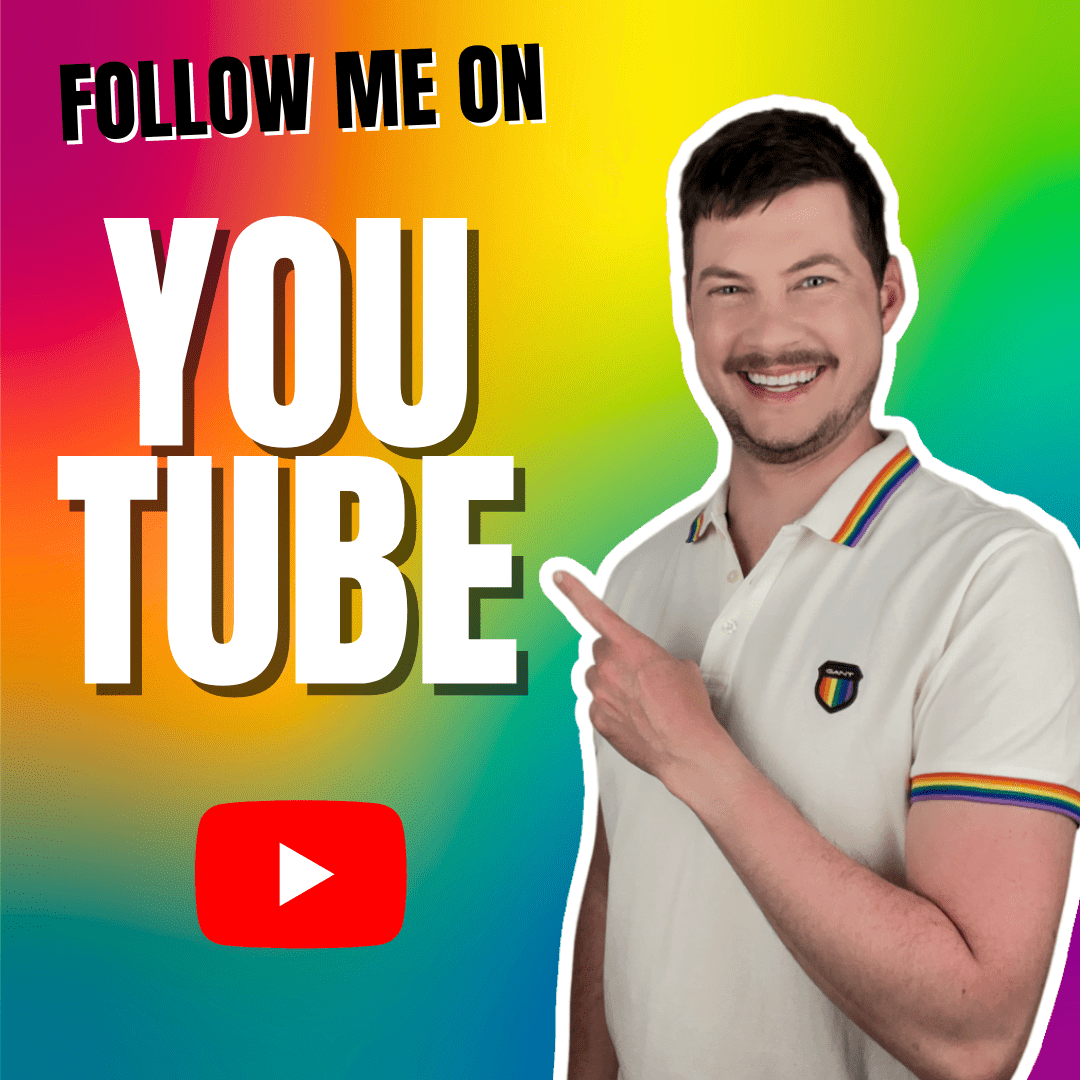 Photo of gay LGBTQ+ author Felix Kurt asking to follow him on YouTube